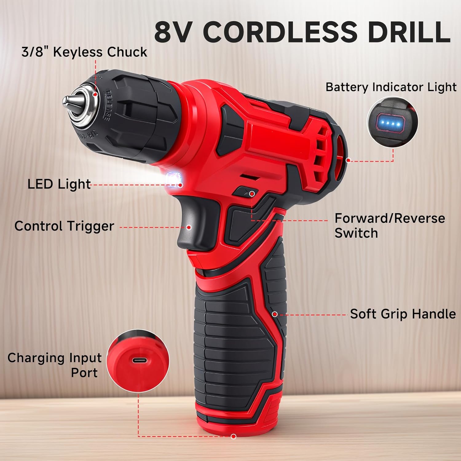 8V Cordless Drill Set 1500mAh Rechargeable 10 Drill Bits Home Tool Kit USB-C