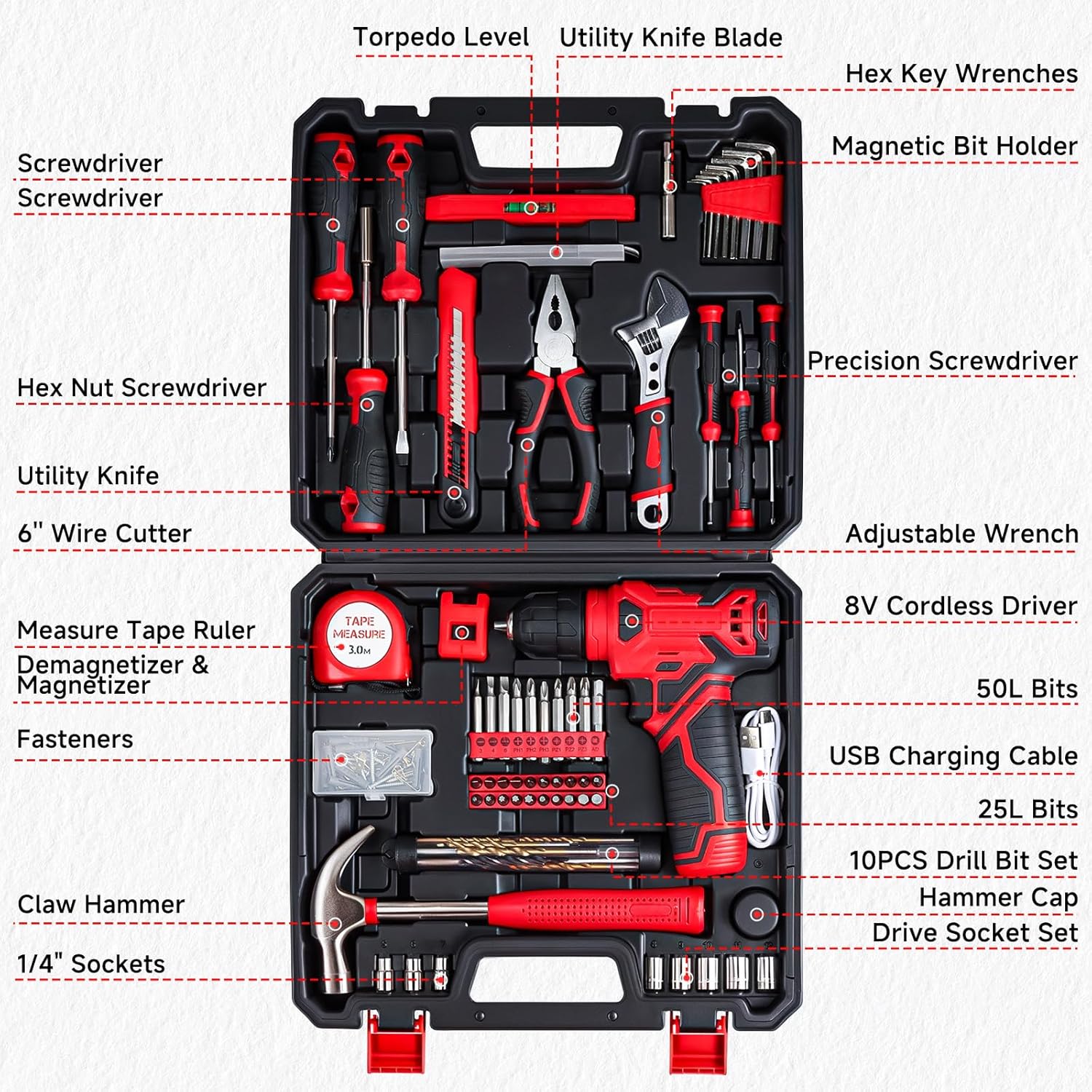 8V Cordless Drill Set 1500mAh Rechargeable 10 Drill Bits Home Tool Kit USB-C