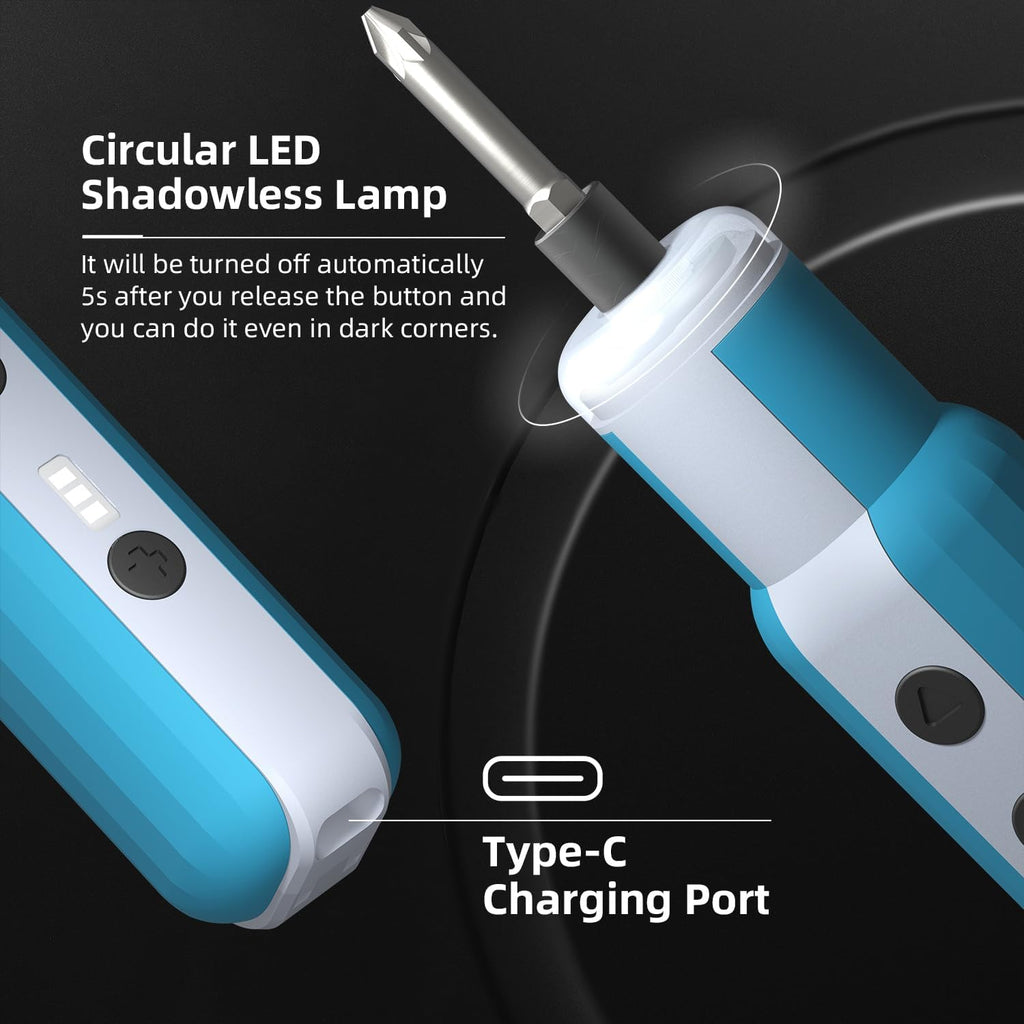 Cordless Electric Screwdriver 3.7V 12 Bits 3-Level Torque USB-C Rechargeable Home Repair