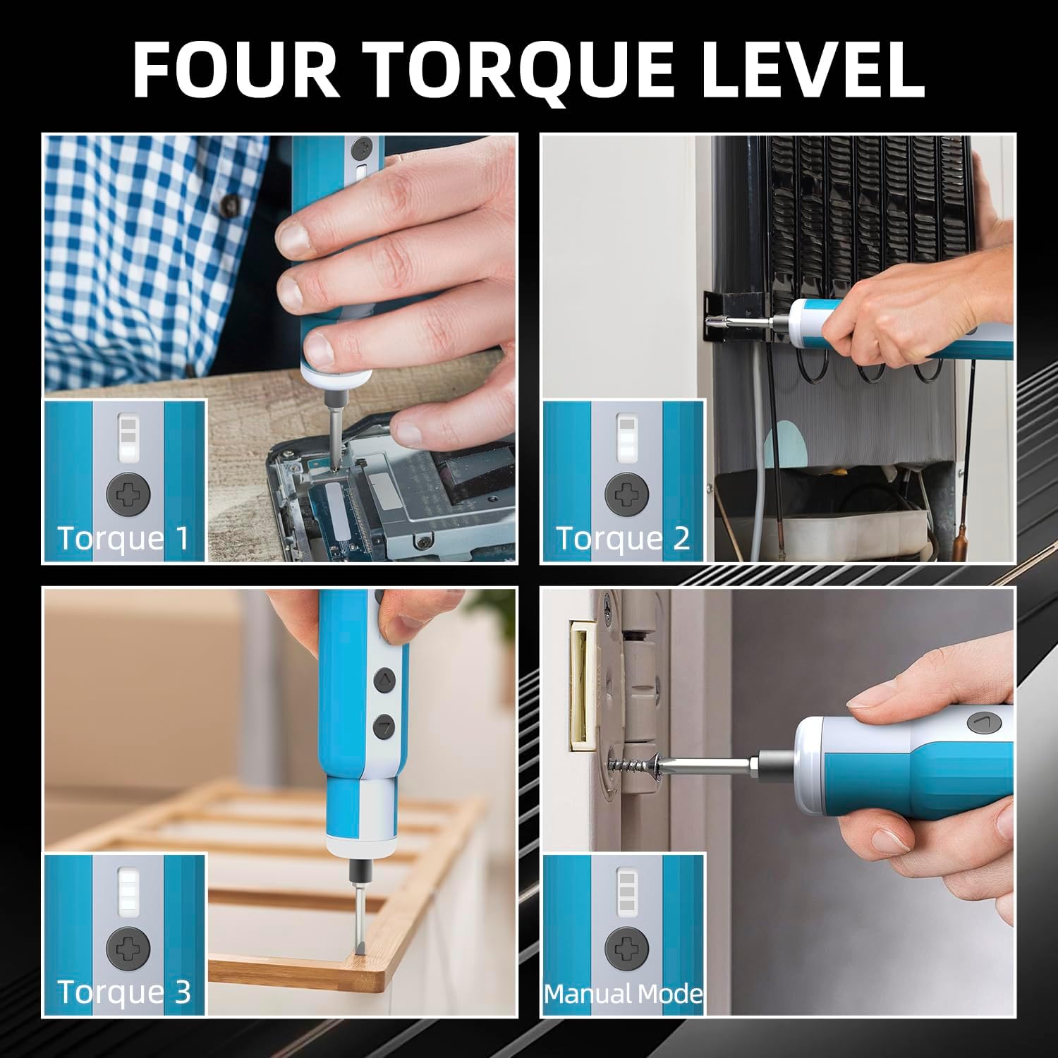 Cordless Electric Screwdriver 3.7V 12 Bits 3-Level Torque USB-C Rechargeable Home Repair